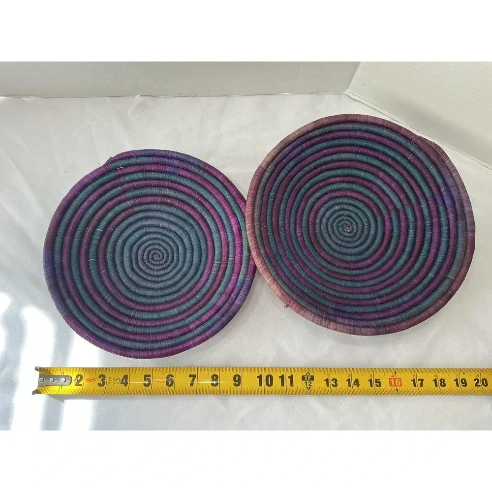 Set of 2 Handcrafted Woven Wall Baskets Purple Teal Boho Spiral Coiled Plates 10